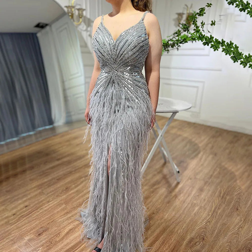 Serene Hill Beige Spaghetti Strap Mermaid Evening Dress – Split, Feathers & Beading (2024 LA70623 Customized)