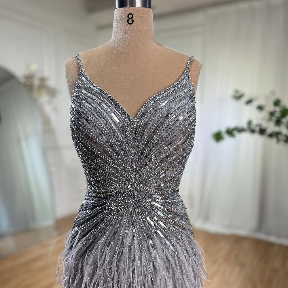 Serene Hill Beige Spaghetti Strap Mermaid Evening Dress – Split, Feathers & Beading (2024 LA70623 Customized)