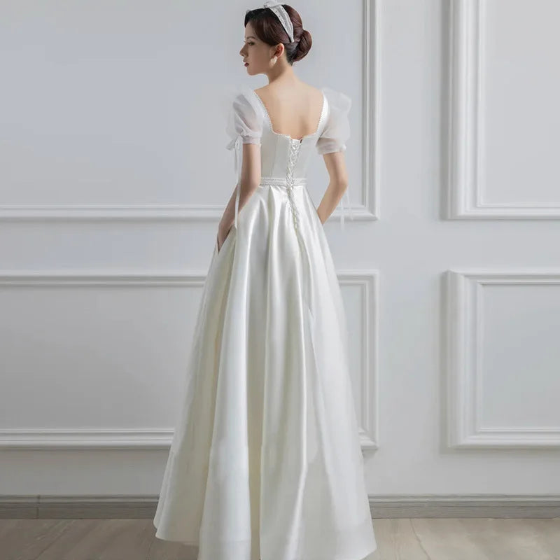 White Satin Puff Sleeve Wedding Dress – Elegant Long Formal Party & Evening Gown for Brides