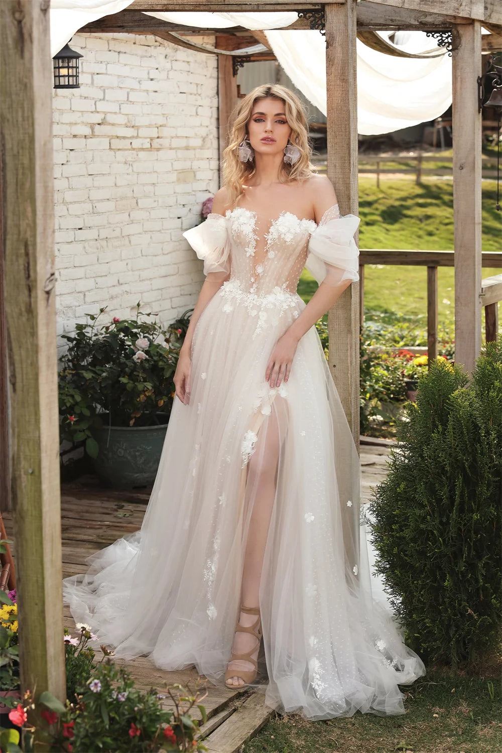 Boho Off-The-Shoulder V-Neck 3D Flower A-Line Wedding Dress – Custom Side Slit Bridal Gown 2025