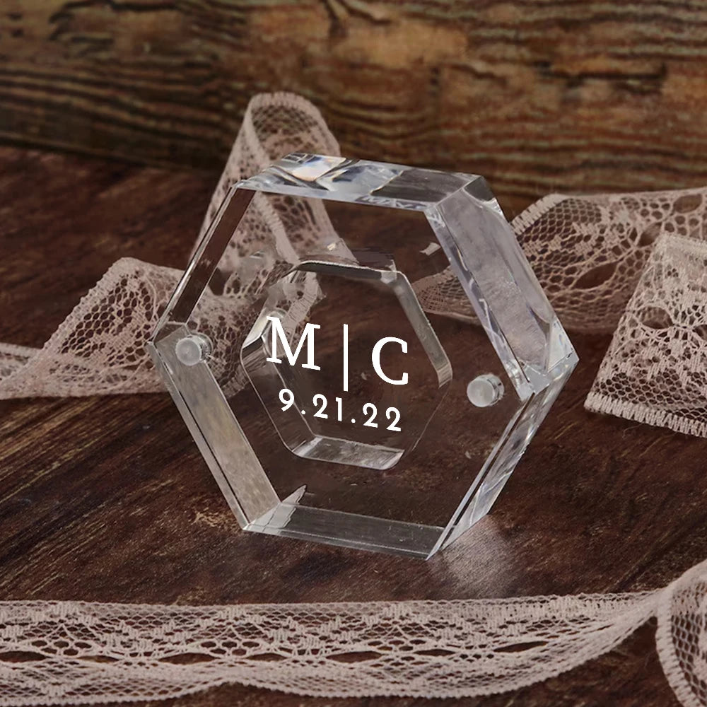 Personalized Clear Acrylic Hexagon Ring Box – Custom Engagement & Wedding Keepsake