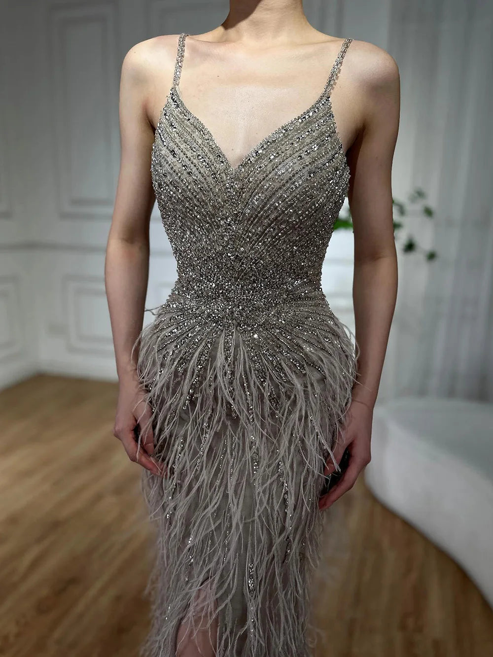 Serene Hill Beige Spaghetti Strap Mermaid Evening Dress – Split, Feathers & Beading (2024 LA70623 Customized)