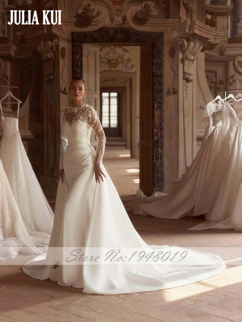 Robe de mariée 2 en 1 sur mesure Julia Kui – Robe de mariée trompette élégante avec appliques en dentelle et plis