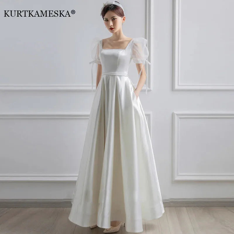 White Satin Puff Sleeve Wedding Dress – Elegant Long Formal Party & Evening Gown for Brides