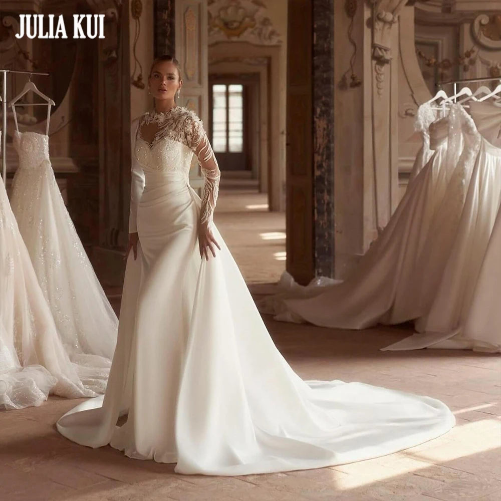 Robe de mariée 2 en 1 sur mesure Julia Kui – Robe de mariée trompette élégante avec appliques en dentelle et plis