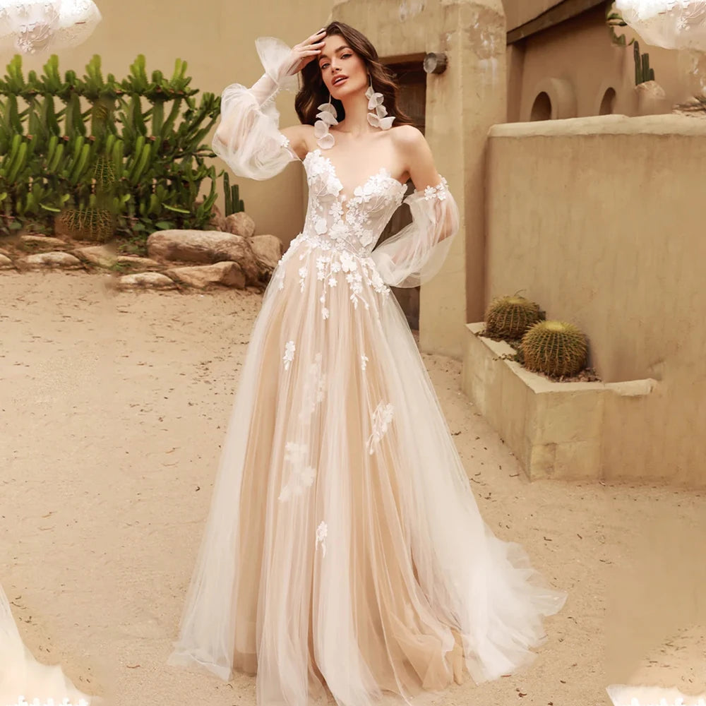 Robe de mariée coupe A champagne clair – manches bouffantes amovibles, col en V, appliques en dentelle, robe de mariée de plage bohème 2025