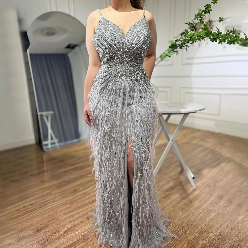 Serene Hill Beige Spaghetti Strap Mermaid Evening Dress – Split, Feathers & Beading (2024 LA70623 Customized)