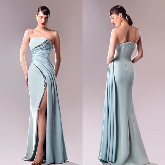 Customized Strapless A-Line Evening Dress – Beaded Pleats Bespoke Formal Wear