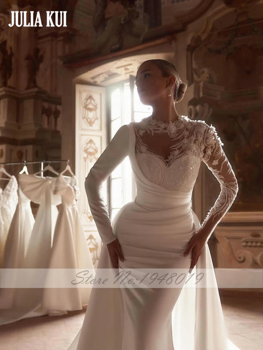 Robe de mariée 2 en 1 sur mesure Julia Kui – Robe de mariée trompette élégante avec appliques en dentelle et plis