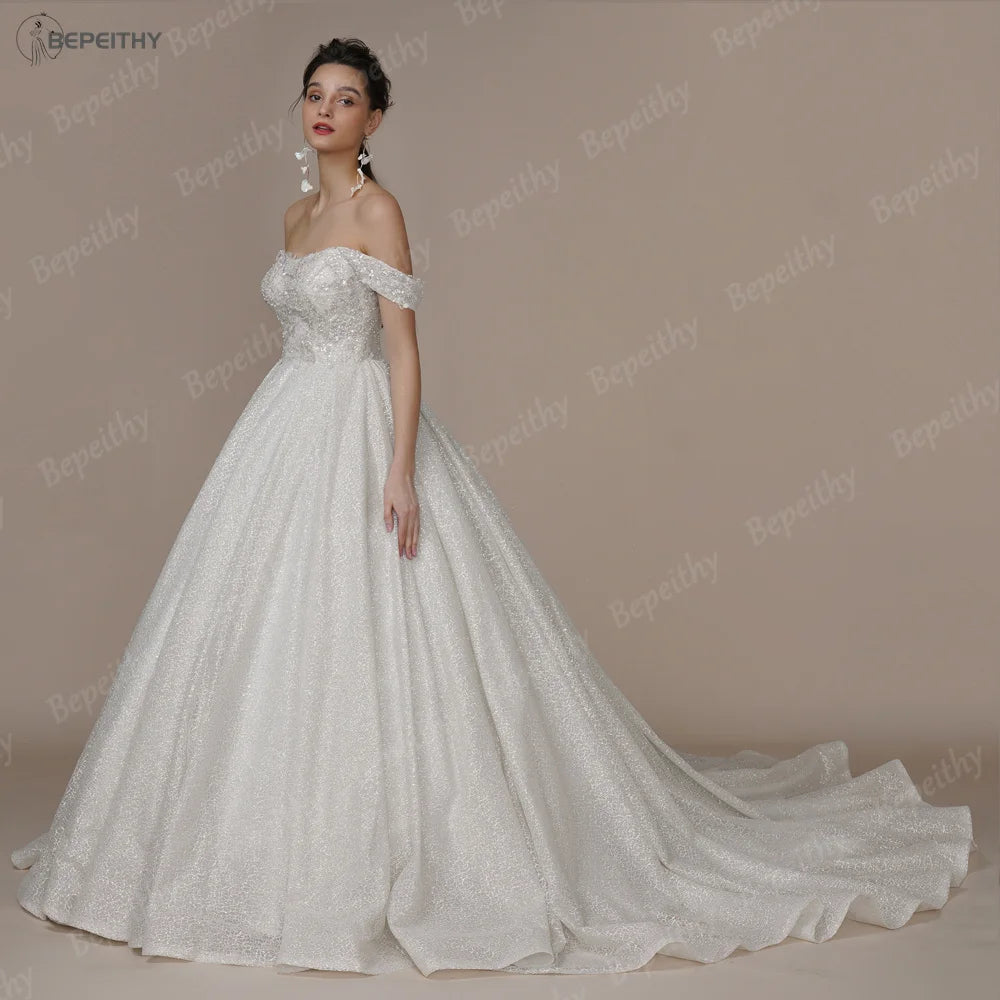 Robe de mariée de luxe personnalisée sans bretelles à paillettes en forme de A – Robe de mariée ivoire à épaules dénudées