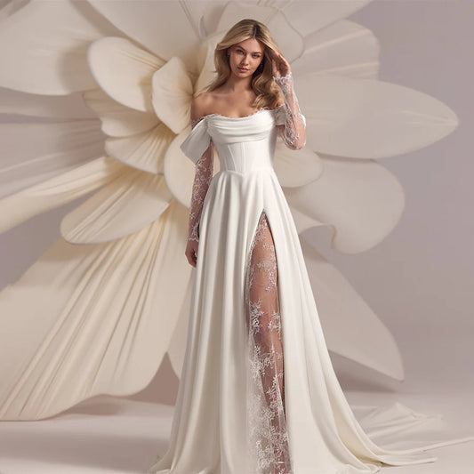 Robe de mariée bustier personnalisée avec corset – Robe de mariée trapèze avec fente sur le devant et manches 3/4 en dentelle