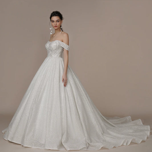 Customized Luxury Strapless A-Line Glitter Wedding Dress – Off-the-Shoulder Ivory Bridal Gown