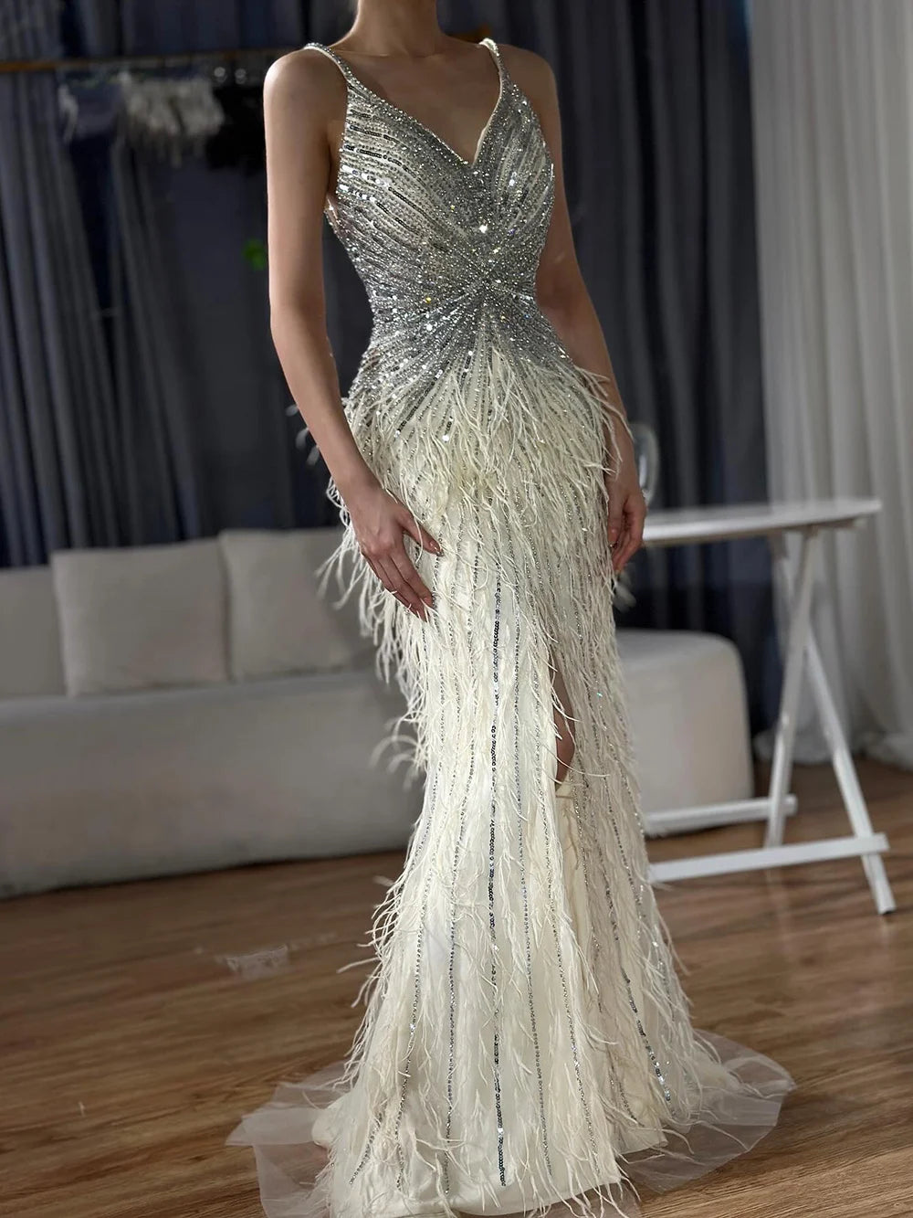 Serene Hill Beige Spaghetti Strap Mermaid Evening Dress – Split, Feathers & Beading (2024 LA70623 Customized)