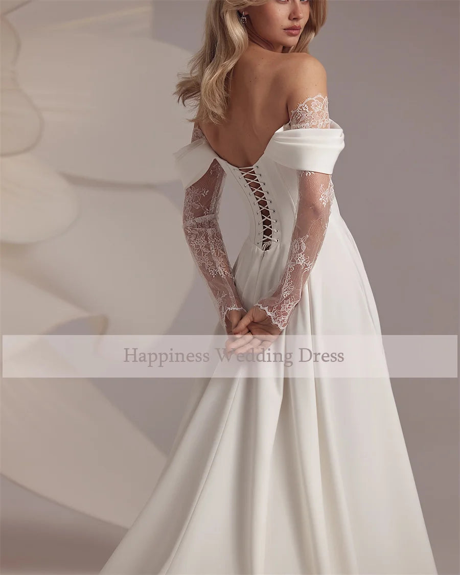 Customized Strapless Corset Wedding Dress – A-Line Bridal Gown with Front Split & 3/4 Lace Sleeves