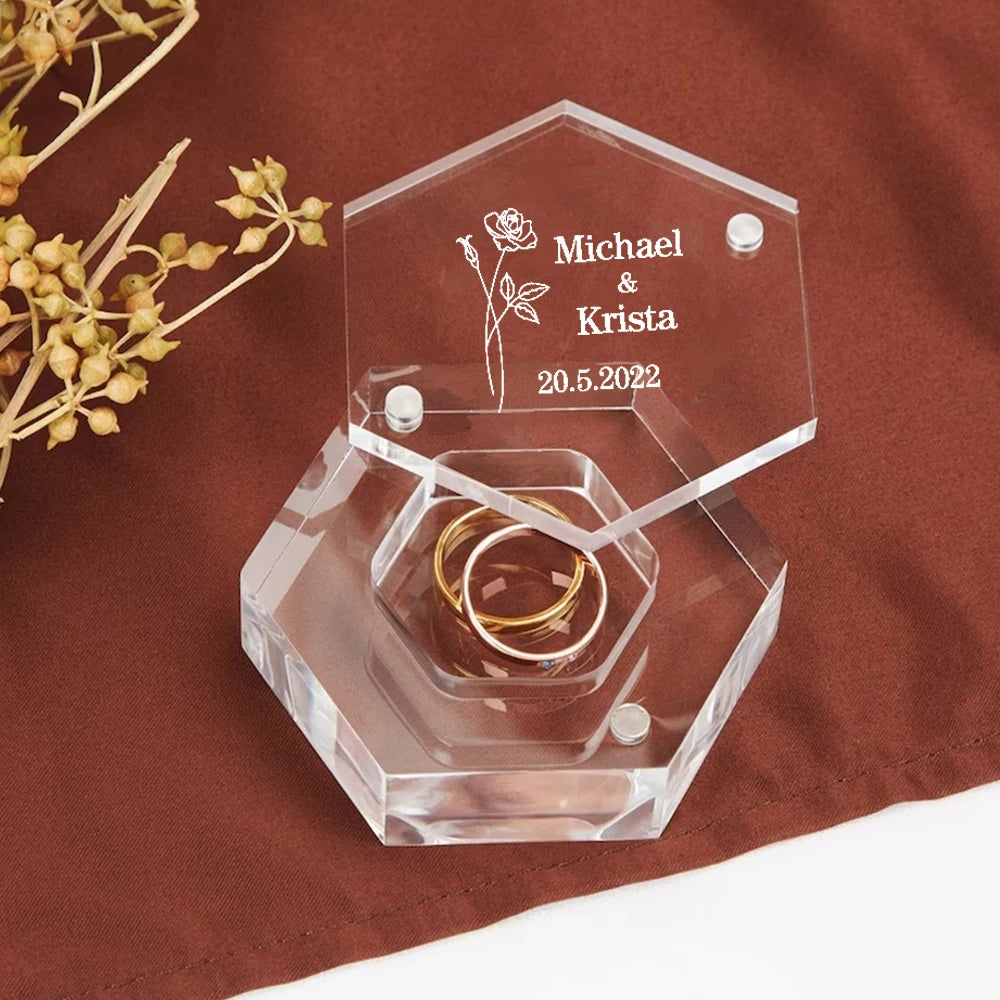 Personalized Clear Acrylic Hexagon Ring Box – Custom Engagement & Wedding Keepsake