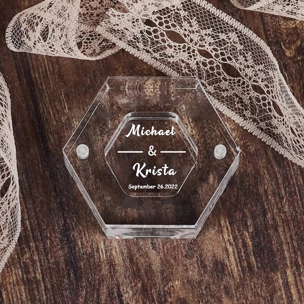 Personalized Clear Acrylic Hexagon Ring Box – Custom Engagement & Wedding Keepsake