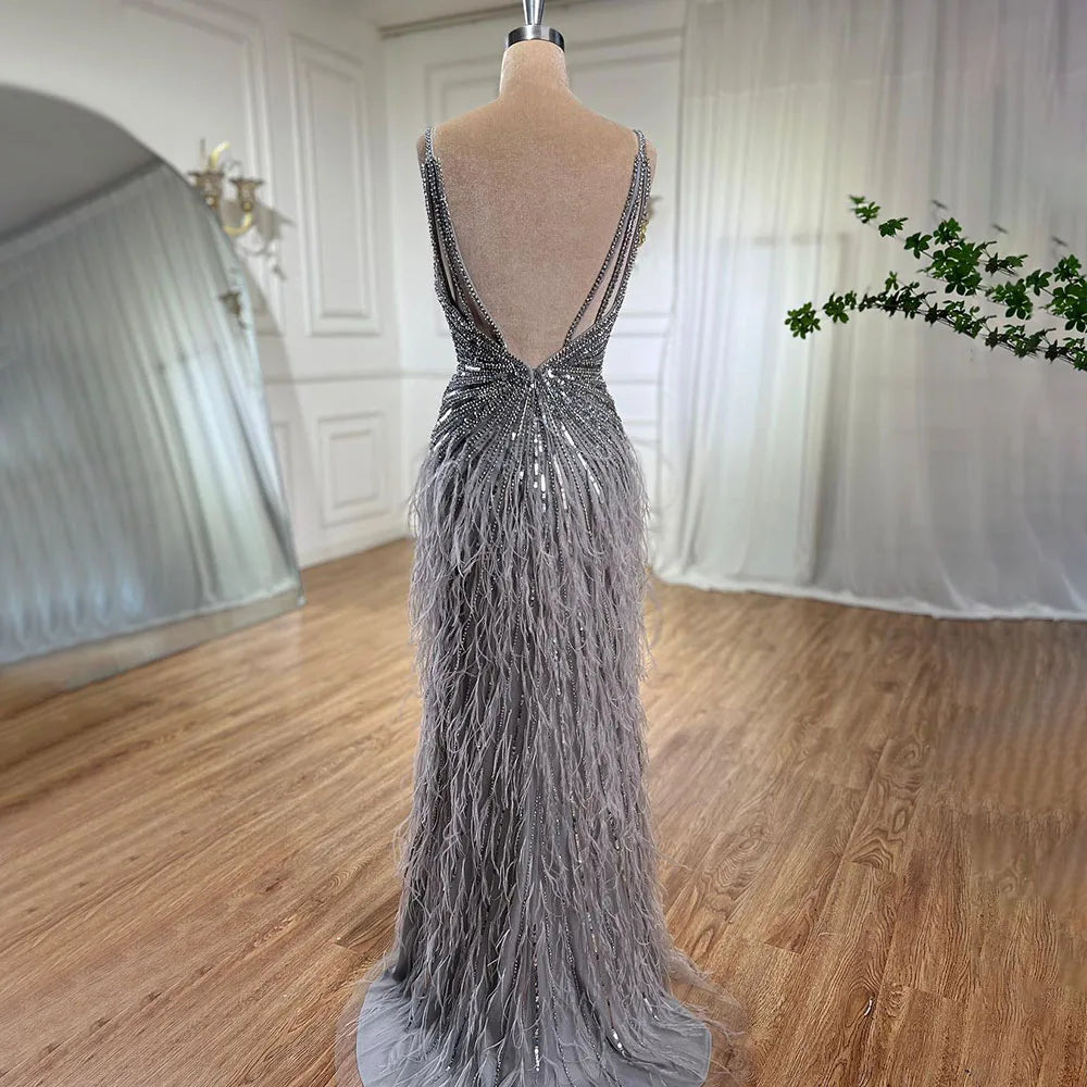 Serene Hill Beige Spaghetti Strap Mermaid Evening Dress – Split, Feathers & Beading (2024 LA70623 Customized)