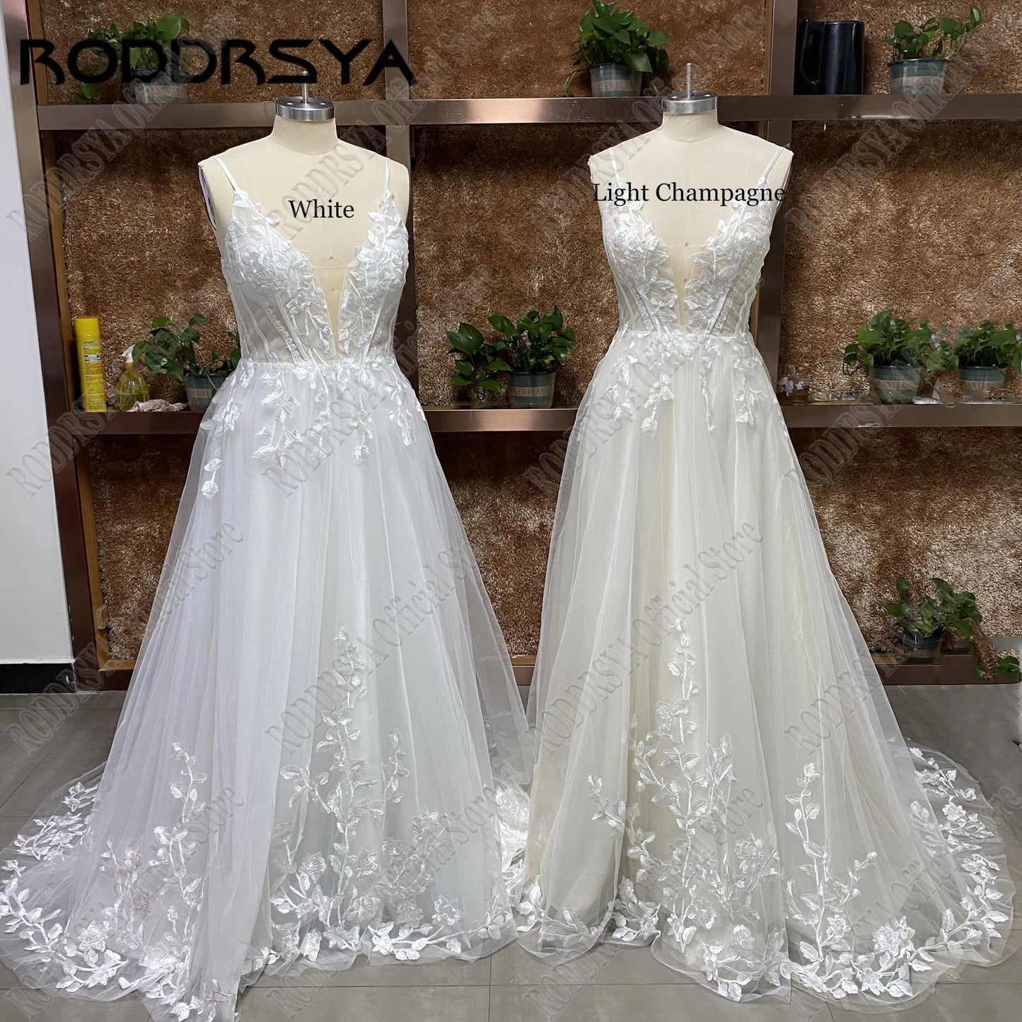 Robe de mariée pailletée à bretelles spaghetti – Robe de mariée bohème dos nu à col en V avec appliques et traîne