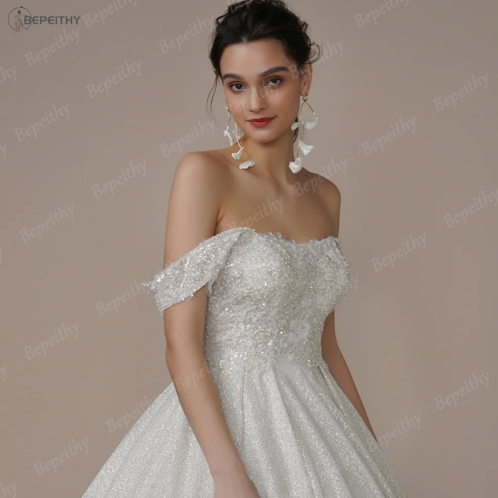 Robe de mariée de luxe personnalisée sans bretelles à paillettes en forme de A – Robe de mariée ivoire à épaules dénudées