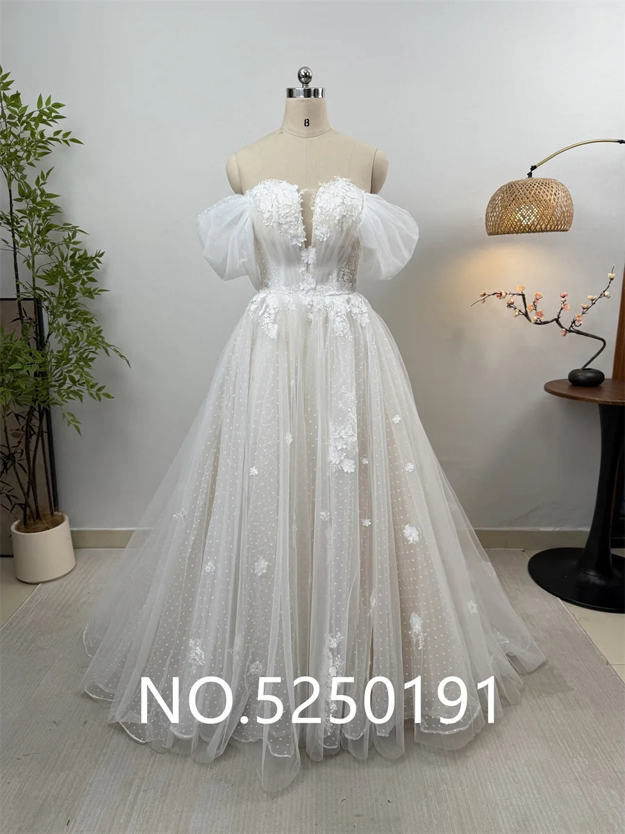 Boho Off-The-Shoulder V-Neck 3D Flower A-Line Wedding Dress – Custom Side Slit Bridal Gown 2025