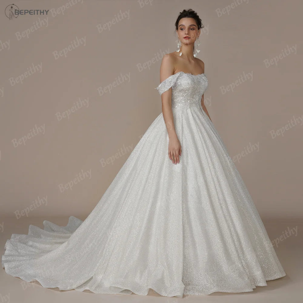 Robe de mariée de luxe personnalisée sans bretelles à paillettes en forme de A – Robe de mariée ivoire à épaules dénudées