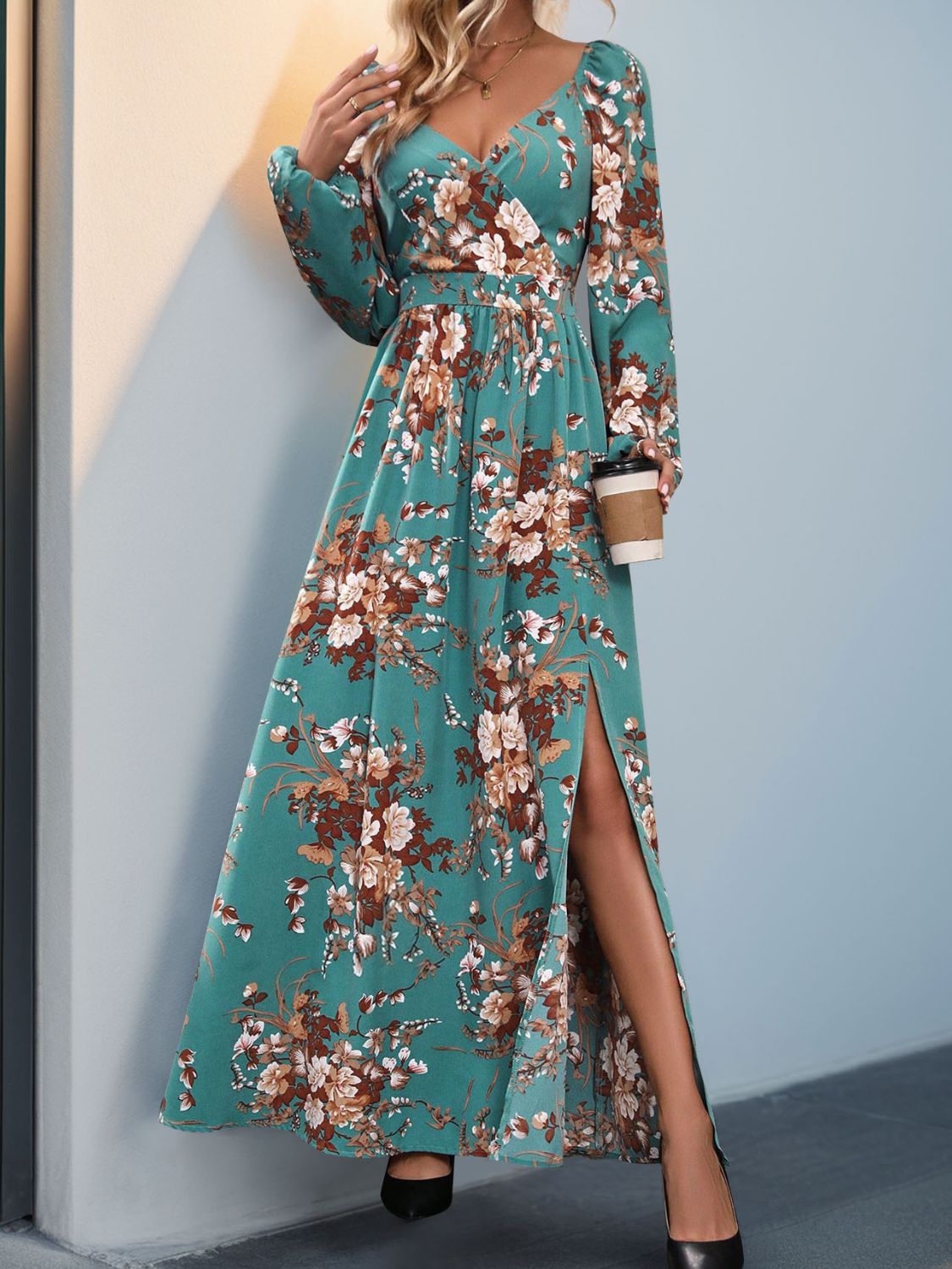 Perfee – Langärmliges Maxikleid mit Schlitz und Print