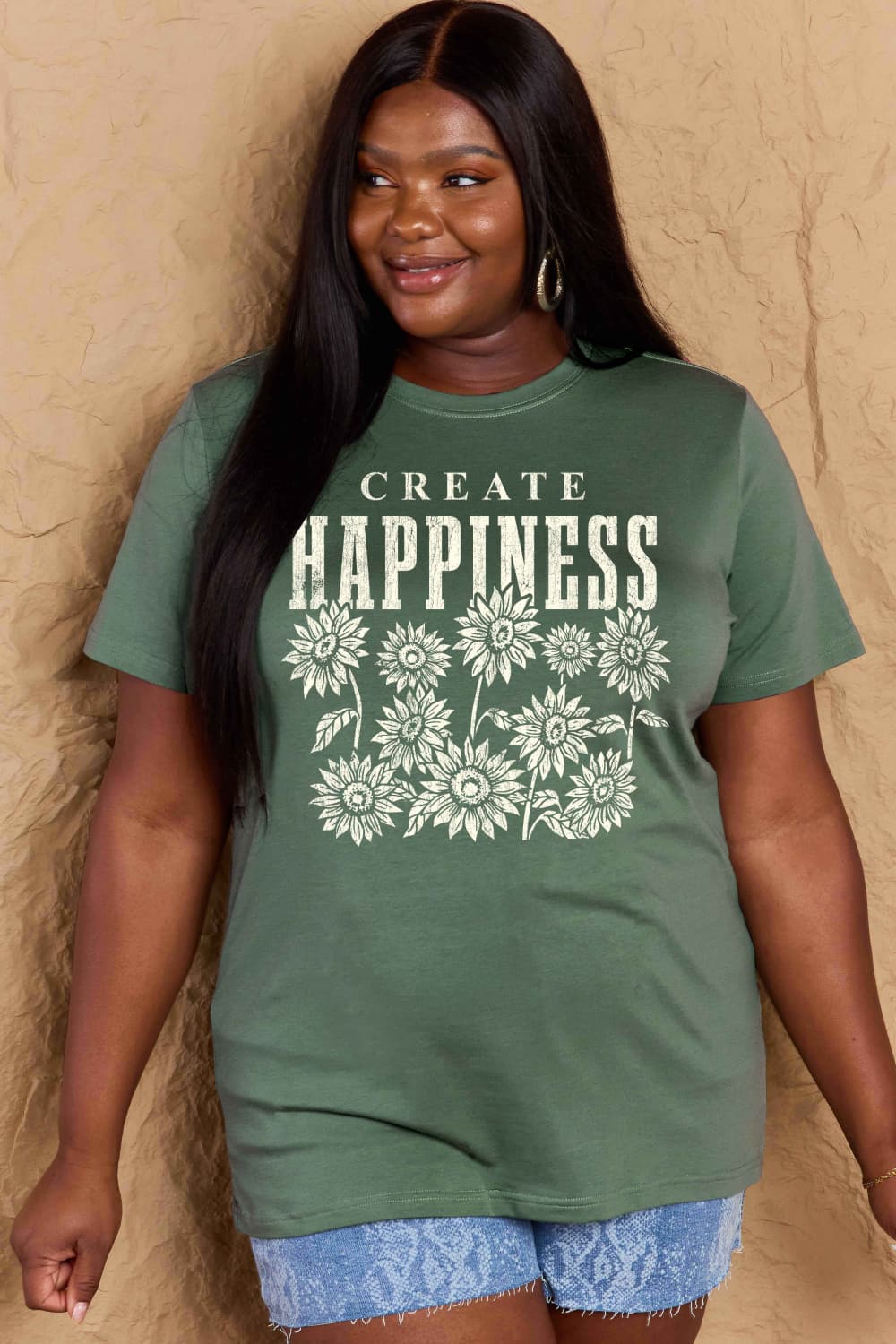 T-shirt en coton graphique Simply Love en taille réelle CREATE HAPPINESS