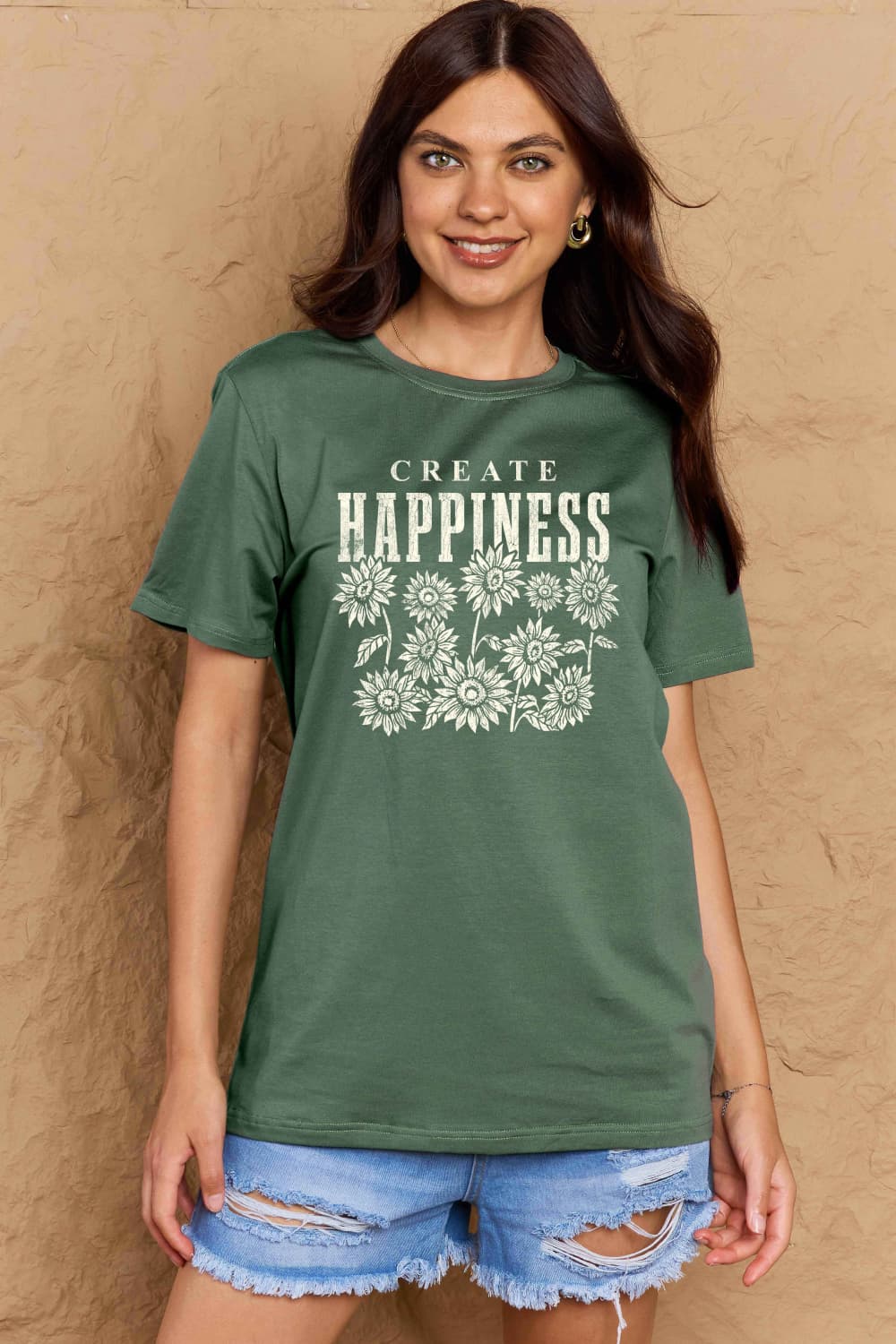 T-shirt en coton graphique Simply Love en taille réelle CREATE HAPPINESS