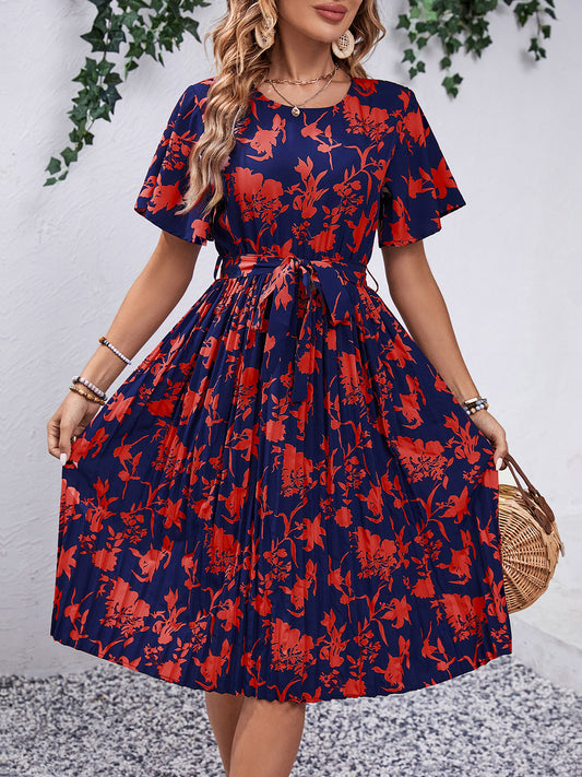 Perfee Printed Round Neck Short Sleeve Dress