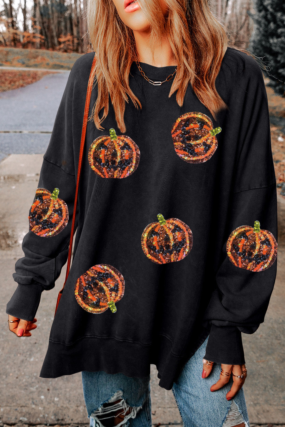 Sweatshirt mit überschnittenen Schultern und Kürbis-Print