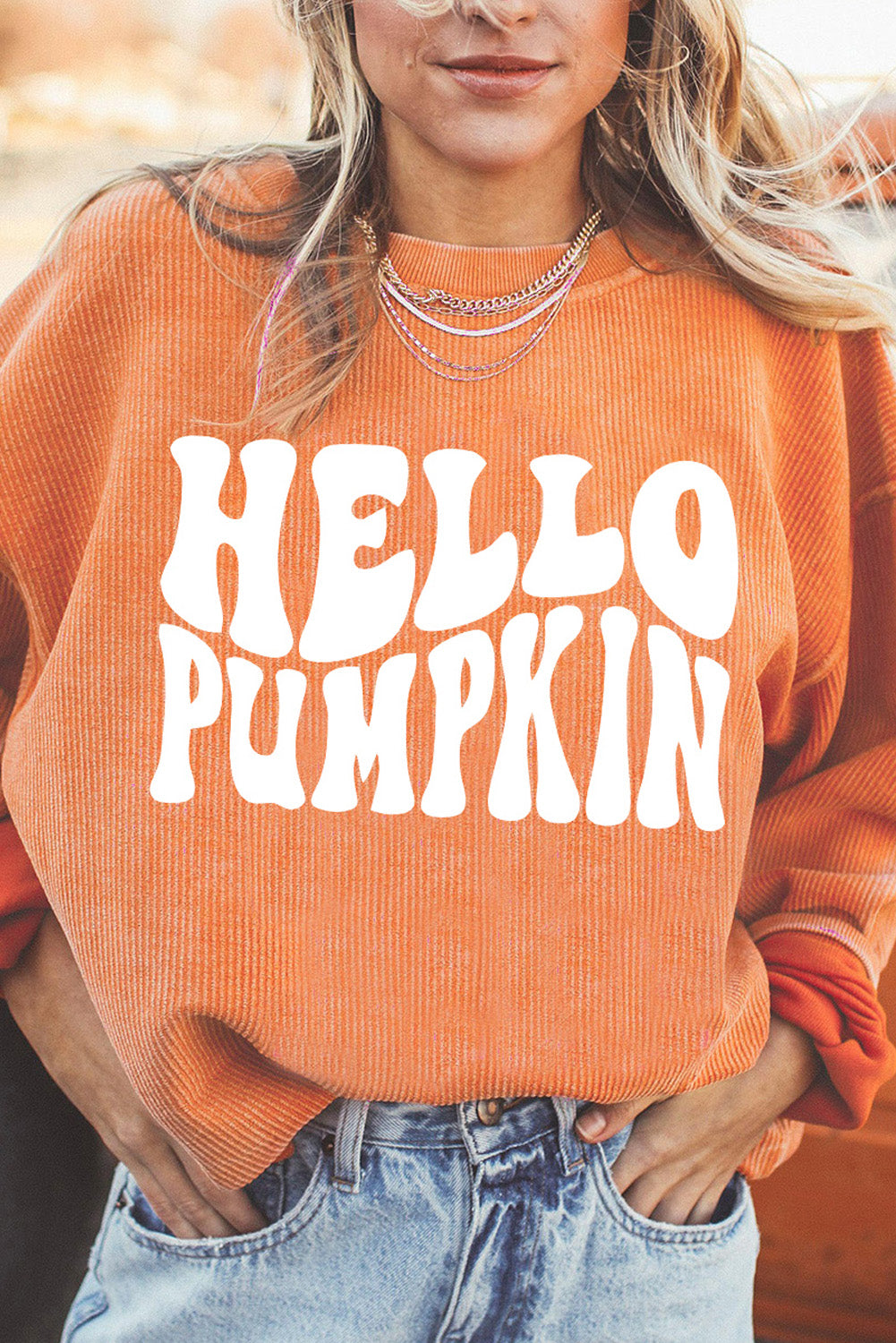 Sweatshirt mit Rundhalsausschnitt, überschnittener Schulter und „Hello Pumpkin“-Grafik