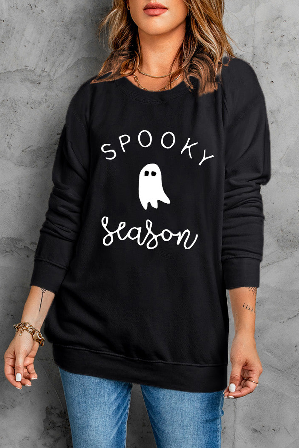 Sweat-shirt graphique SPOOKY SEASON à manches longues et col rond