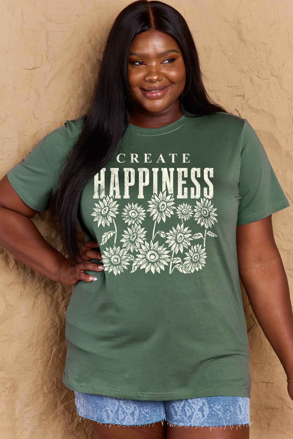 T-shirt en coton graphique Simply Love en taille réelle CREATE HAPPINESS