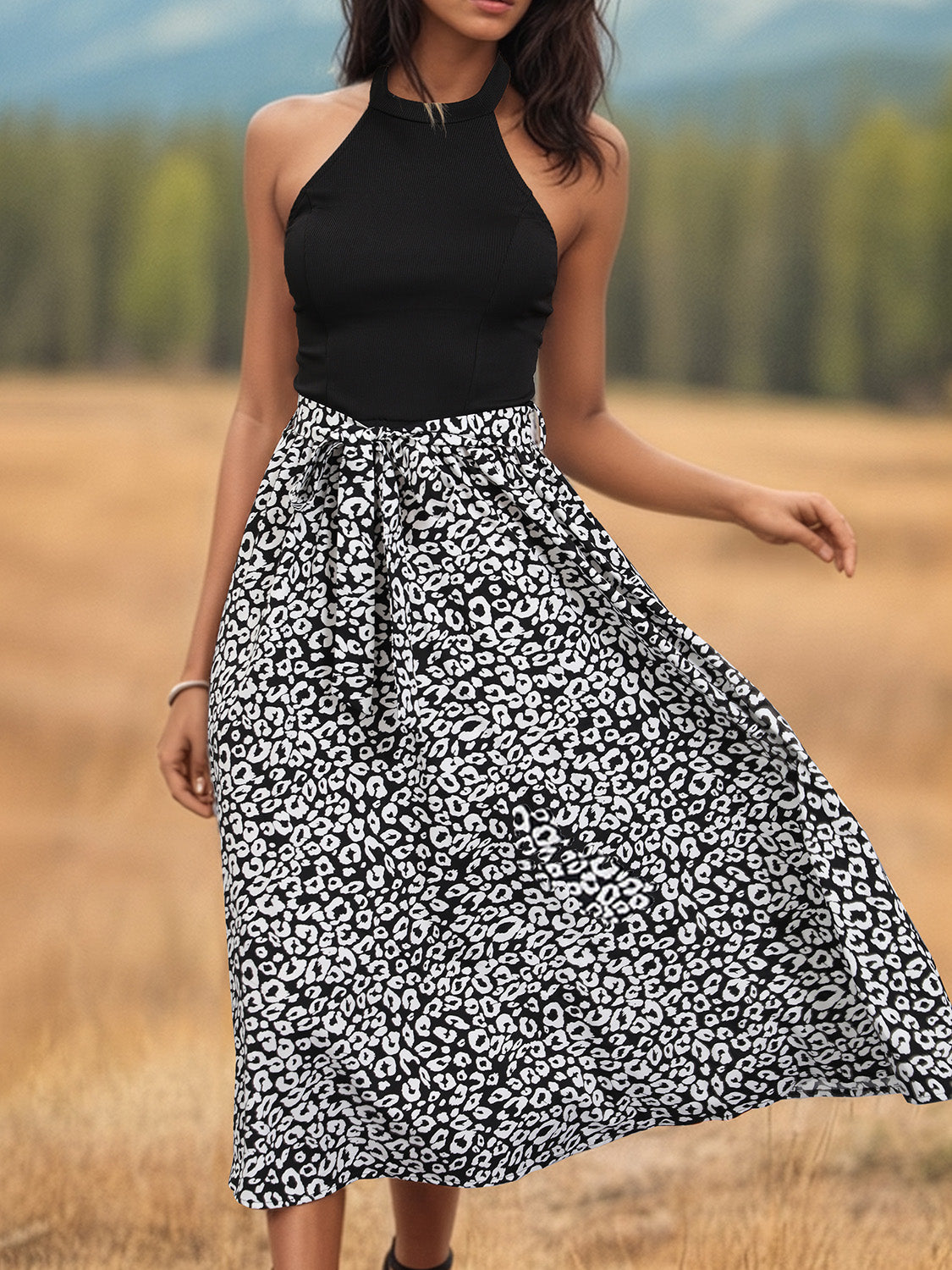 Robe midi à col licou et imprimé léopard Perfee