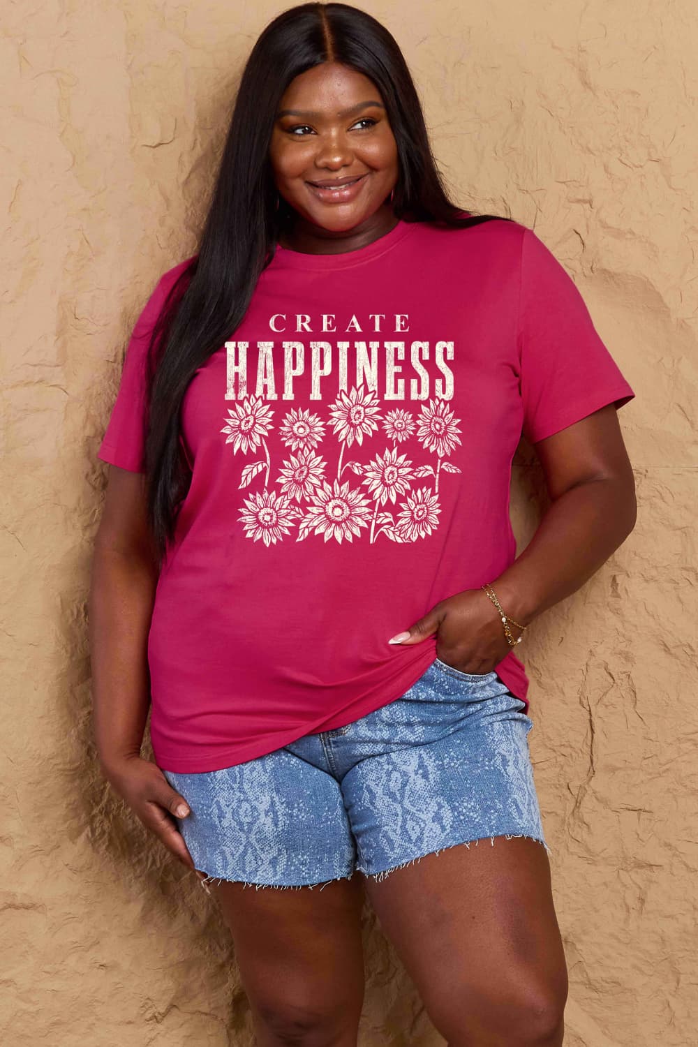 T-shirt en coton graphique Simply Love en taille réelle CREATE HAPPINESS