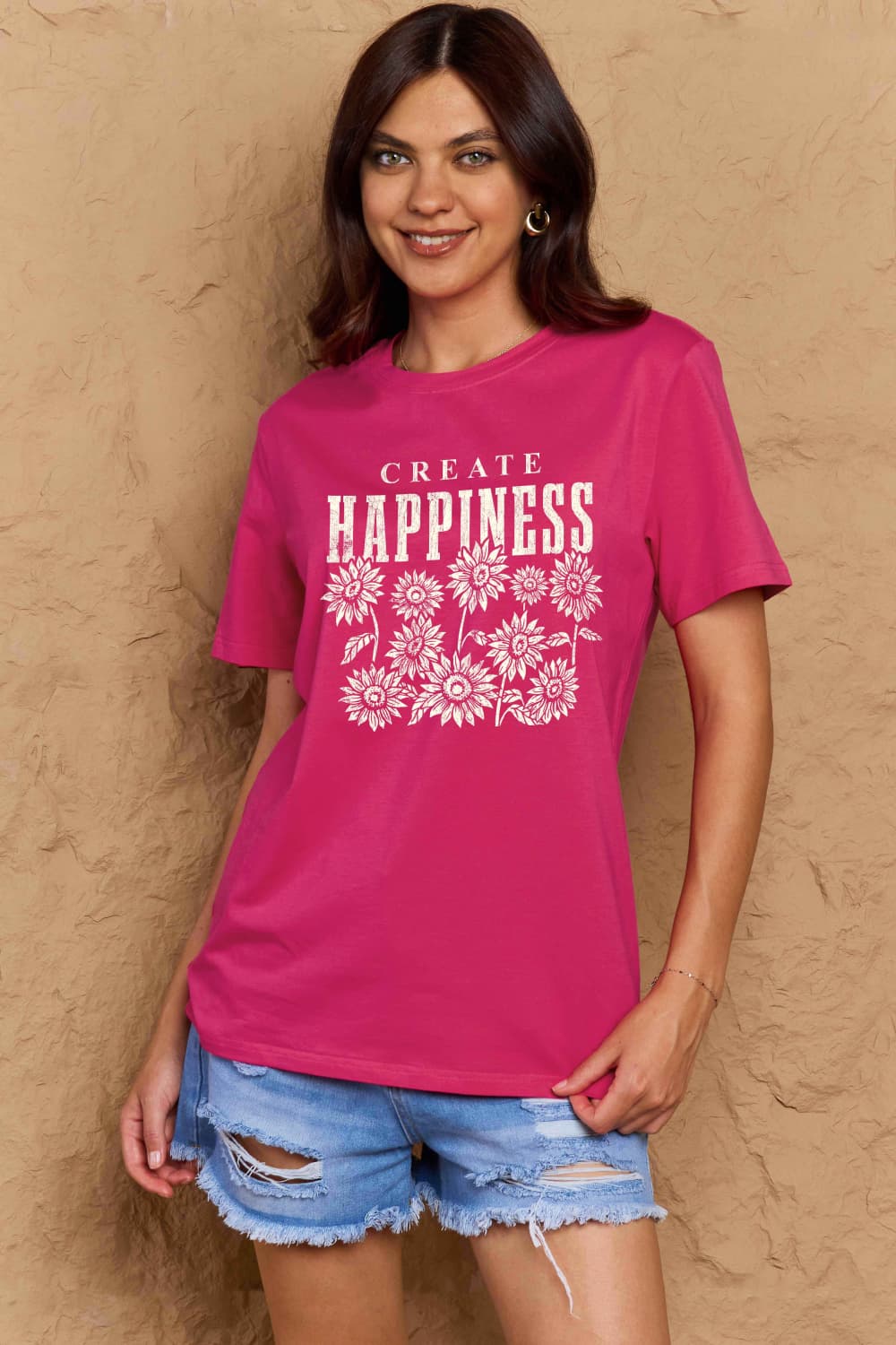 T-shirt en coton graphique Simply Love en taille réelle CREATE HAPPINESS