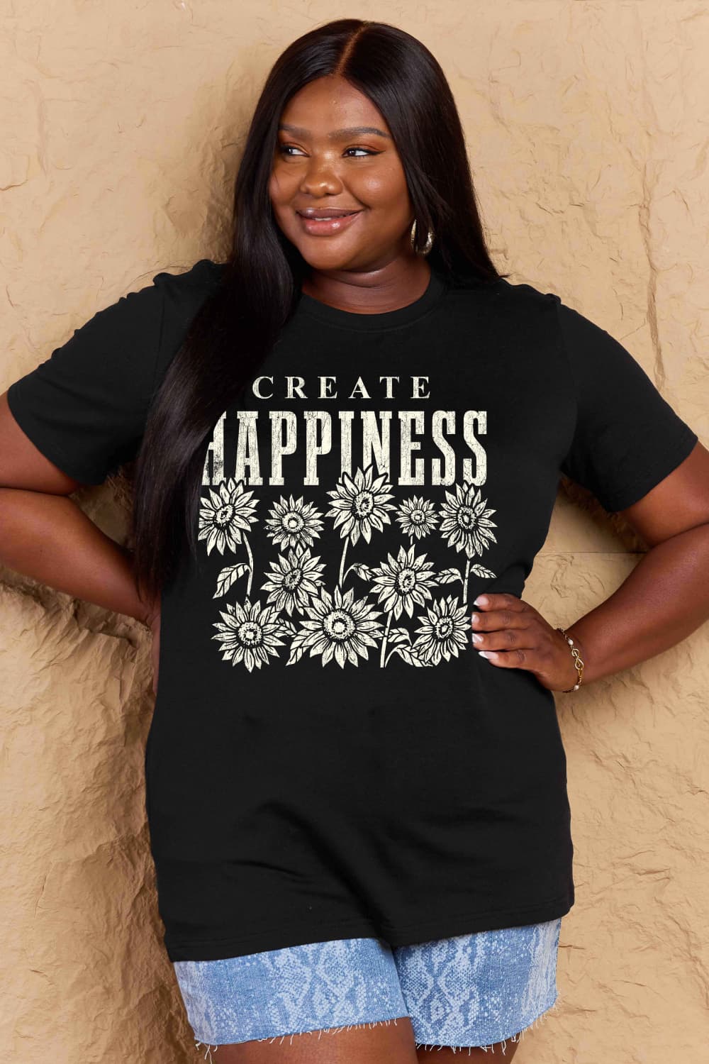 T-shirt en coton graphique Simply Love en taille réelle CREATE HAPPINESS