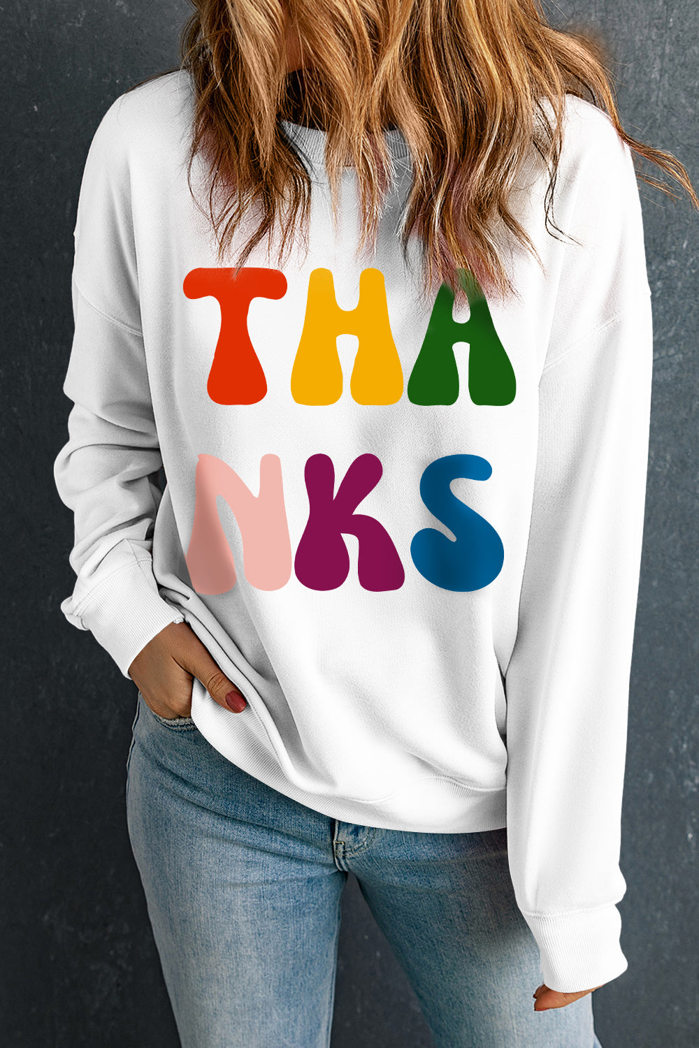 THANKS Sweatshirt mit Rundhalsausschnitt und langen Ärmeln